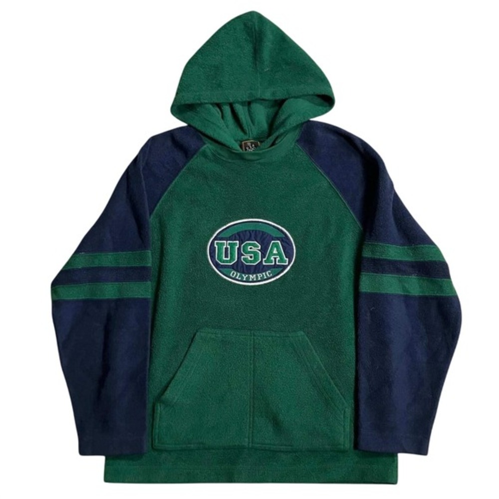 Vintage USA Olympic Fleece Hoodie Green Navy Blue JCPenney Raglan Pullover Large